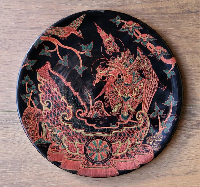Antique/Vintage Burmese Lacquered Wooden Plate Hand Painted Amazing Detail 25cm