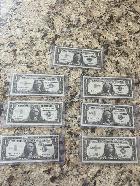1957 One Dollar Silver Certificate Note Lot Of 7 Consecutive Serial Uncirculated