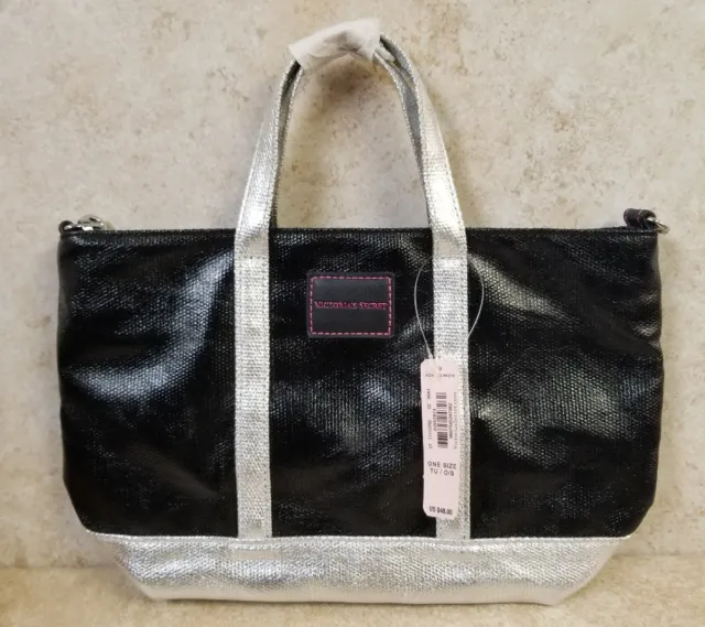 Victoria's Secret Bag Black Silver Metallic Two Handle Zip Top New w/ Tag - BINU
