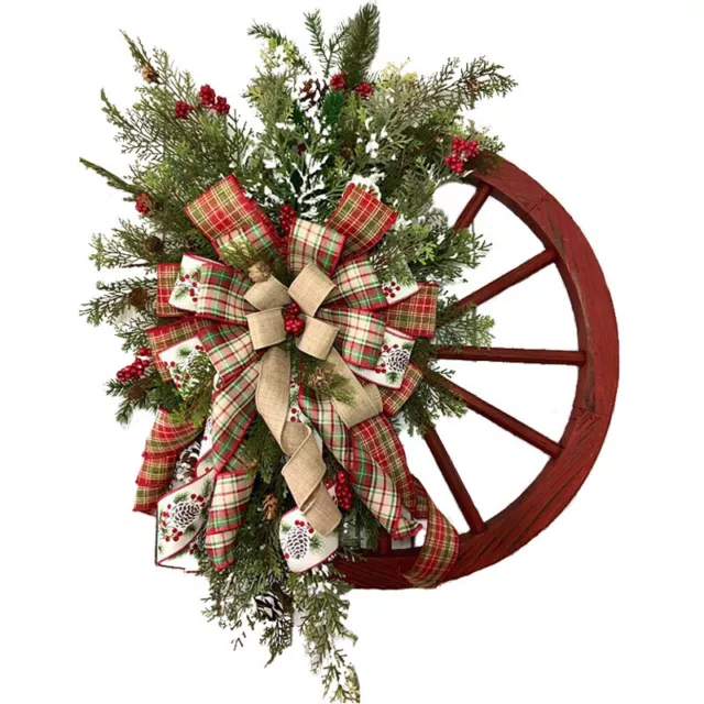 Christmas Red Wheel Wreath Front Door Xmas Garlands With Ribbons Ornament New