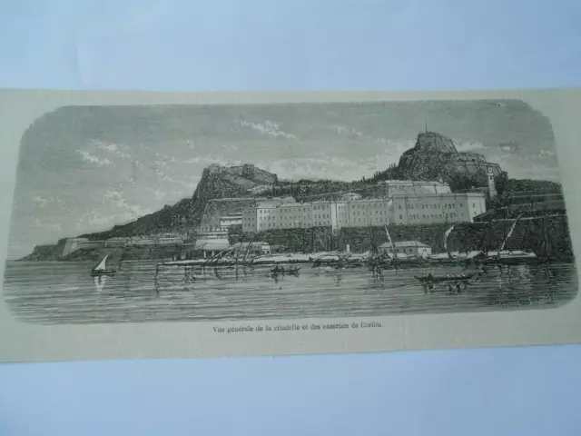 Gravure 1866 - Vue générale de la citadelle et casernes de Corfou Grece Greece
