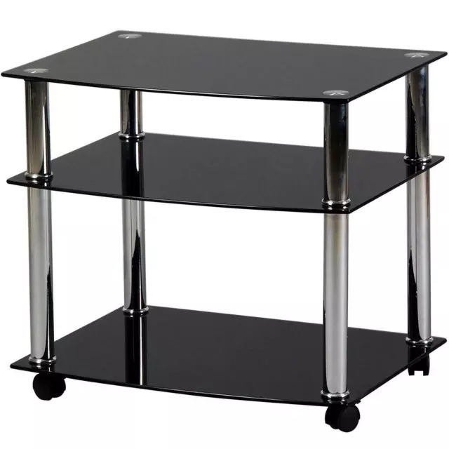 Black Glass Trolley Stand Unit TV Television Hifi Stereo Portable On Wheels