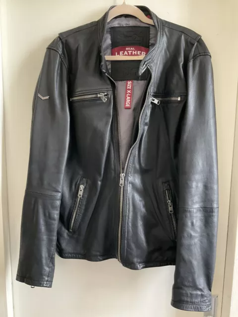 Superdry Brad Black Leather Jacket Mens Biker Bomber XL 2