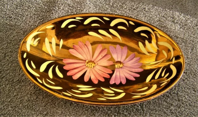 Q383) Vintage Wade Gold Luster Hand painted floral Ceramic oval bowl dish