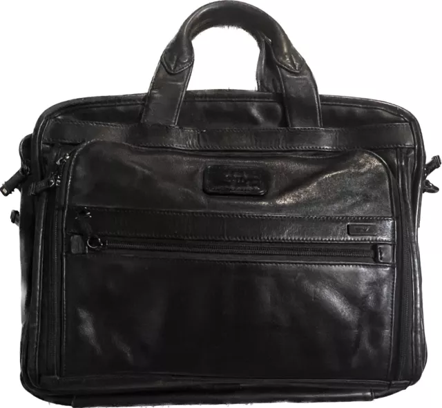 TUMI Black Leather Travel Carry On Bag Briefcase Expandable 923D3 16”X7”X11”