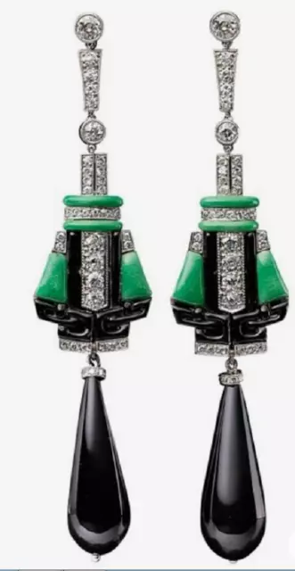 Late 19th Century Vintage Green Emerald Black Onyx & Old Mine Cut CZ Earrings.