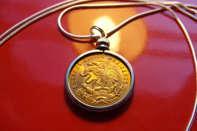 Mexican Classic GOLDEN EAGLE Coin Pendant on a 28" .925 Silver Snake Chain 2