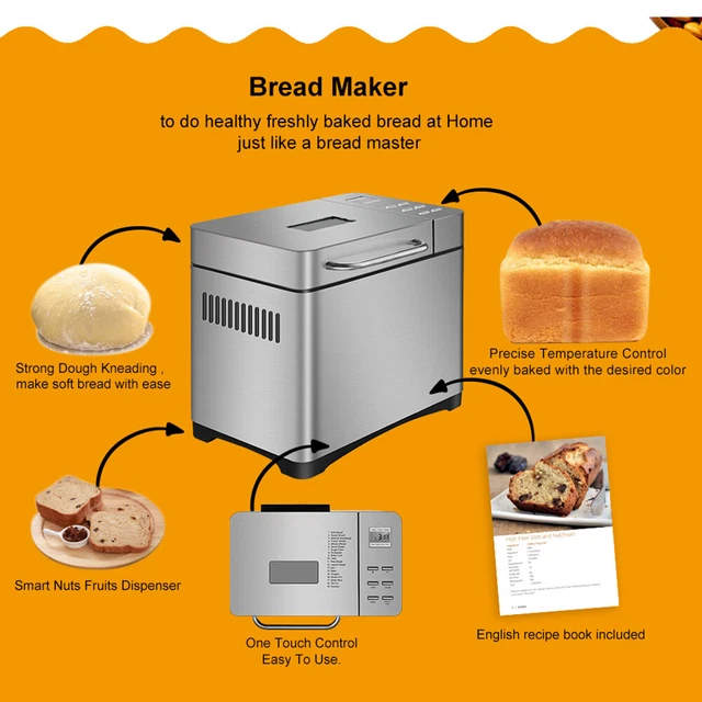 BROTBACKAUTOMAT 1KG 19 Programme Edelstahl Brotbackmaschine Frucht-Nuss ...