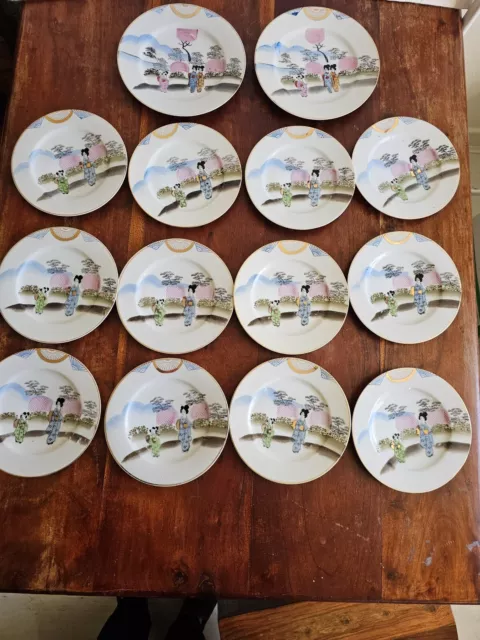 Job Lot 14 X Antique Japanese Meiji Era C. 1930 Signed Ceramic Plate Dish Geisha