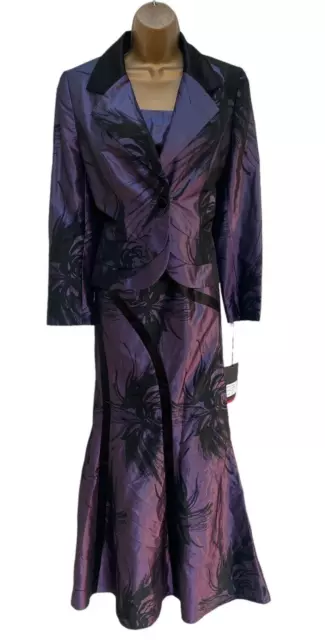 Frank Usher Long Evening Dress & Jacket Size 12 Purple Black Full Length - NEW