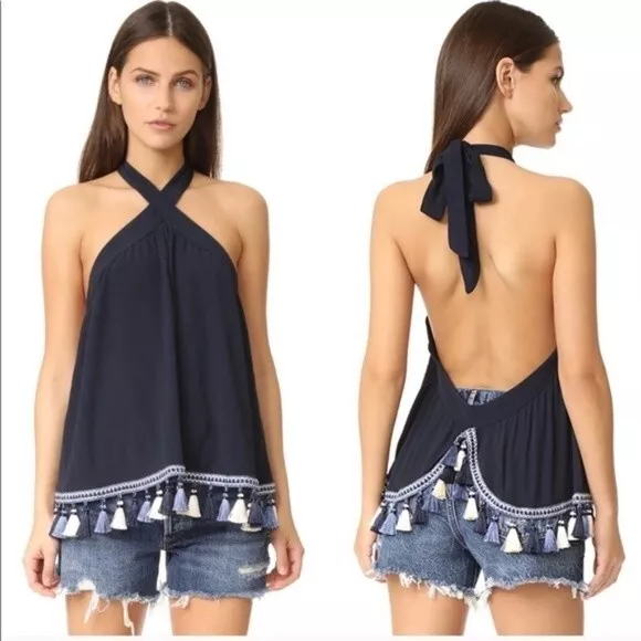 Revolve Tularosa Cory Halter Top Navy Blue Tassels Open Back Embroidered Size XS