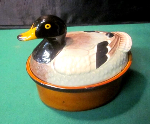 Vintage Majolica Covered Duck Casserole Tureen Farmhouse Dish Portugal.