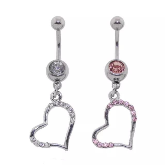 Steel CZ Gem Belly Button Ring Navel Piercing Heart Dangle