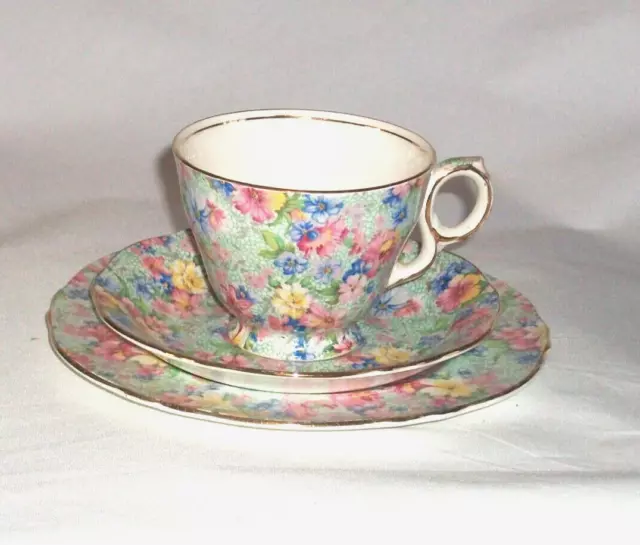 Royal Winton  Grimwades Chintz Marion Vtg  Cup and Saucer Trio Set Green/ Multi