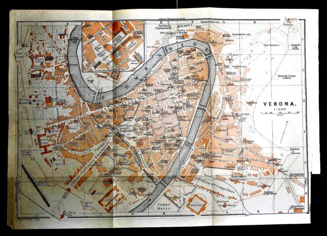 Baedeker Italia Settentrionale - Antica Mappa Topografica - Verona - 1901