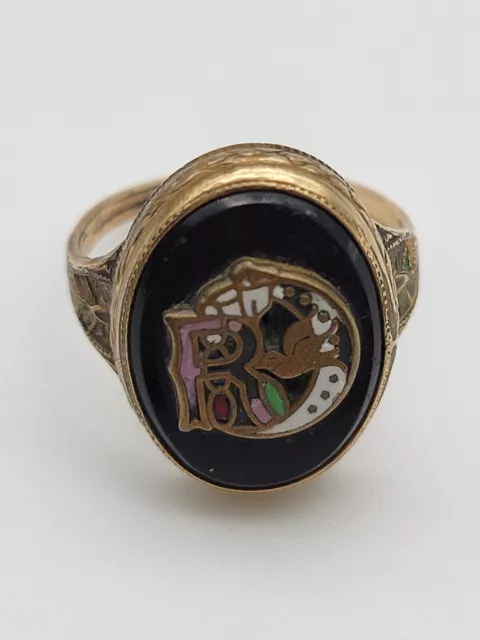 Vtg Art Nouveau DAUGHTERS OF REBEKAH Onyx & Enamel Gold Filled Ring Size 5 1/2