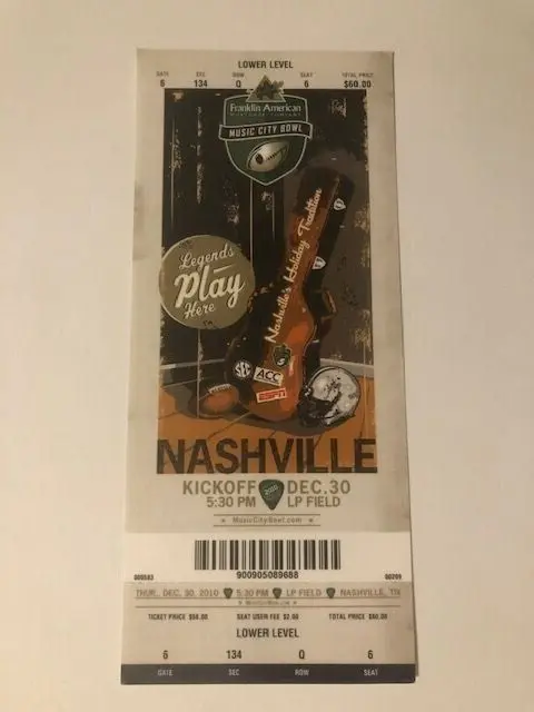 2010 Music City Bowl Football Ticket - North Carolina ACC vs Tennessee Vols SEC
