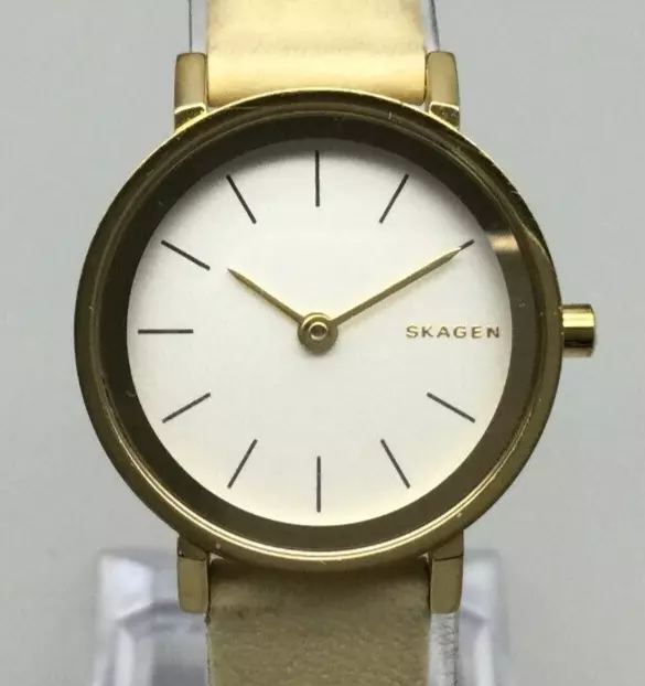 Skagen Hald Watch Women Gold Tone SKW2444 Cream Leather Band New Battery