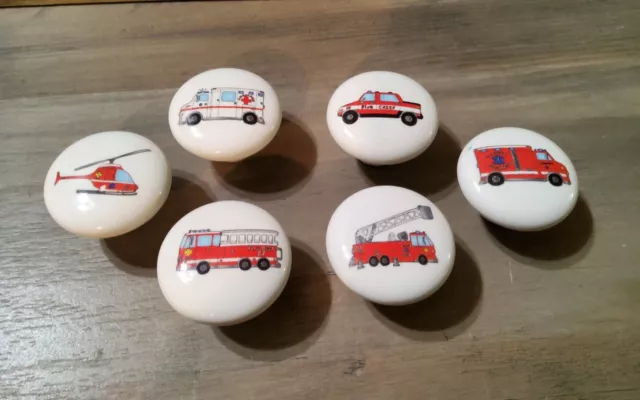 Rescue Vehicles Porcelain Drawer Pull Knobs Set 6 Fire Truck Helicopter EMT Car