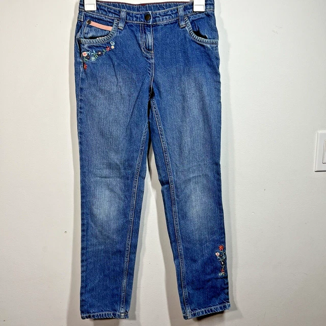 Hanna Anderson Girl Jeans Size 150 floral Embroidered straight Leg Pull