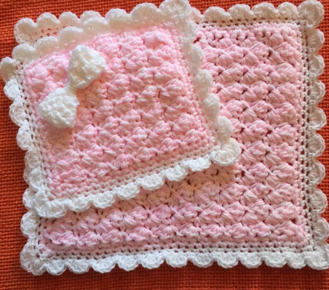 💕Hand Crochet Dolls/teddy White & Pink Pram Set/blanket With White Crochet Bow