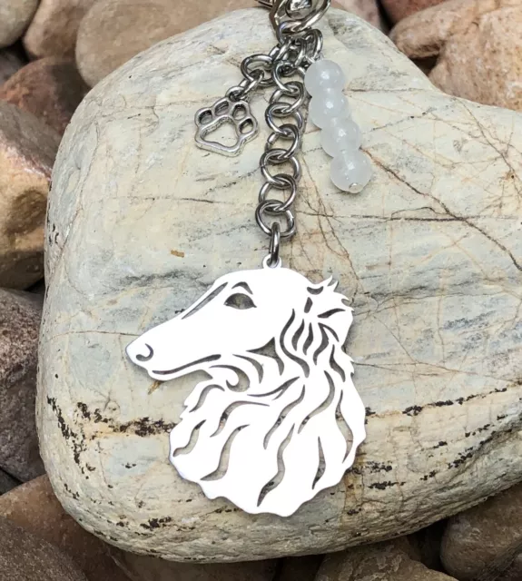 Borzoi dog keychain, dog bag charm, dog key chain, gemstone, dog jewellery