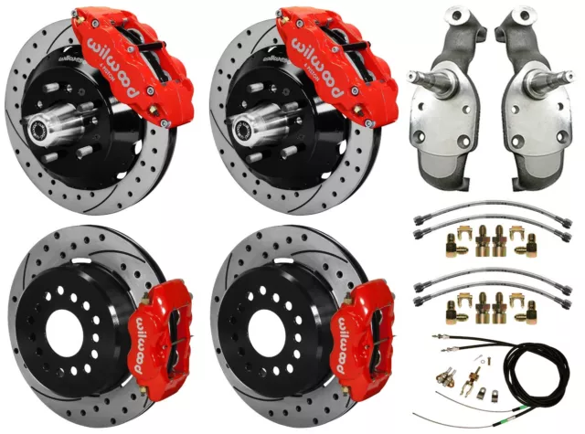 Wilwood Disc Brakes,14" Front & 12" Rear,2" Drop Spindles,65-70 Impala,Drill,Red