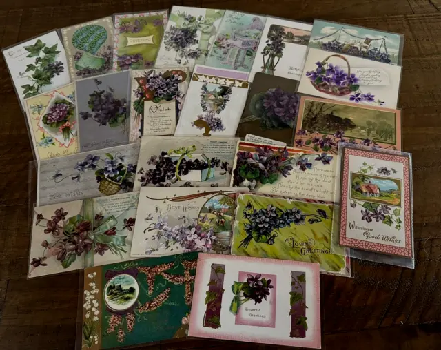 Nice~Lot of 23 Greetings Postcards with Purple Violets Flowers~in Sleeves~h315