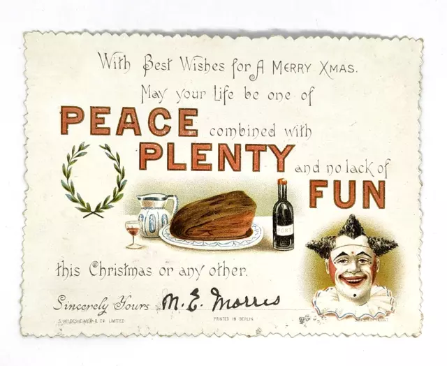 Victorian Xmas Greeting Trade Card Hildesheimer & Co Limited European Clown