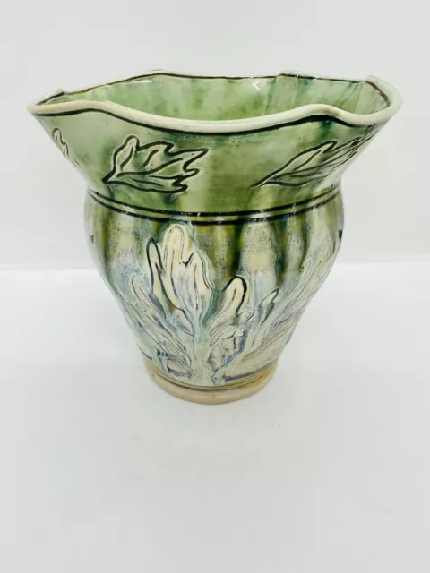 Studio Art Pottery Vase Planter With Leaf Design Artist Signed 6in