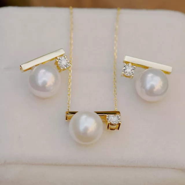 8.9-9mm Akoya seawater White Pearl pendant Earring in 18K Yellow Gold diamond 2