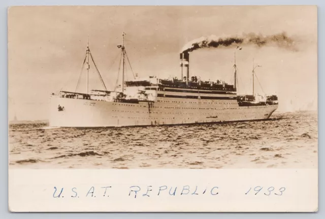1933 U.S.A.T. US Army Transport Ship Republic RPPC Real Photo Postcard