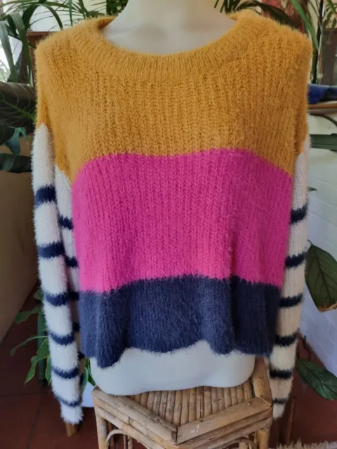 All About Eve Ladies Gorgeous Bright Striped Jumper Knit Size 14 Soft Vgc