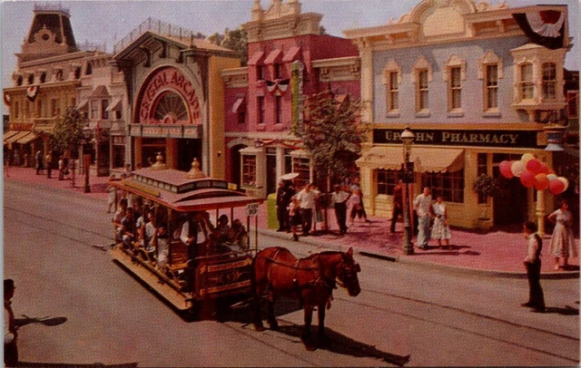 Postcard~Disneyland~Upjohn Pharmacy~Horse-Drawn Trolley~Chrome~Vintage~A7