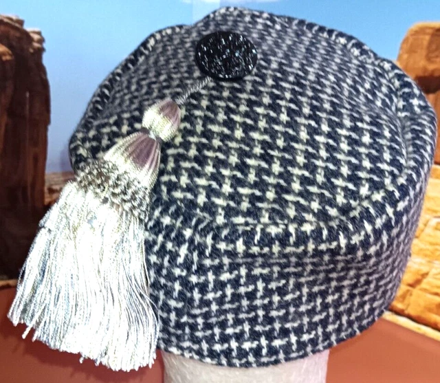 SMOKING CAP Reproduction 1800's Victorian Style Black & White 100% Wool Size XL