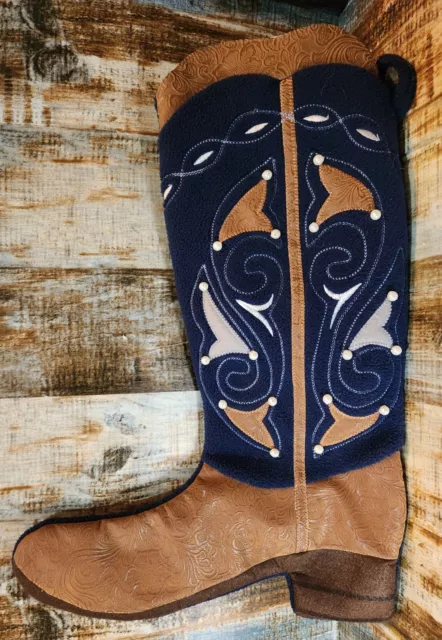 Western Cowboy Boot Christmas Stocking Blue Fleece Brown Tooled Leather Pearls