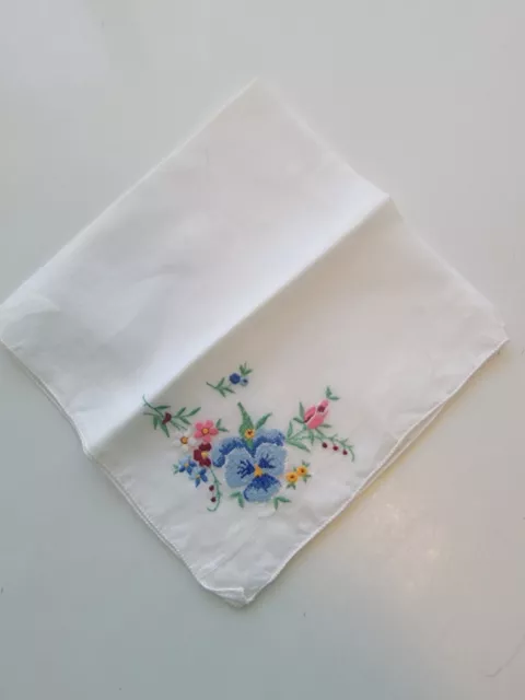 Vintage Linen/ Cotton Embroidered  Ladies Handkerchief Circa 1950s- 60s Estate