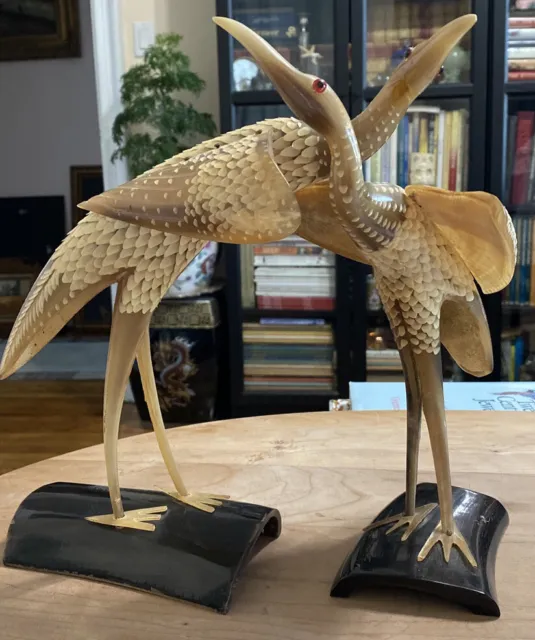 Vintage Hand Carved Horn Pair Crane Figurine Sculptures
