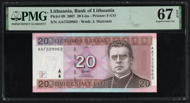 Lithuania 20 Litu 2007 Pick: 69, Pmg - 67, Unc