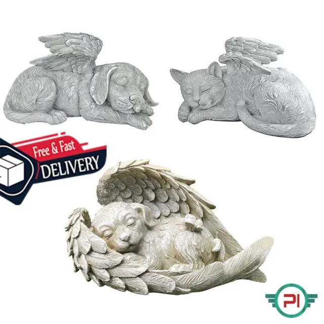 Dog Cat Statue Figurines Sleeping Pet Home Memorial Resin Outdoor Garden Wings