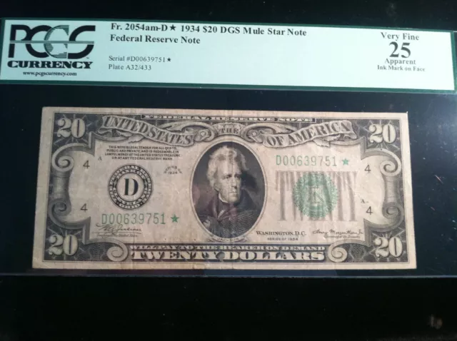 US $20 1934 Mule Star Note Federal Reserve Note VF 25 Apparent (PM124)