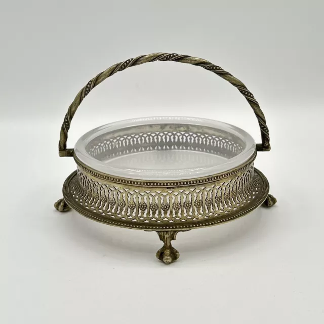 Vintage Silver Basket Nut Dish Tid Bit Dish With Clawed Feet & Ornate Cutouts