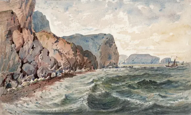 WAVY ROCKY COASTLINE Small Victorian Watercolour Painting 19TH CENTURY