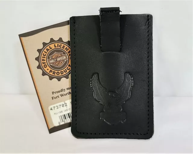 HARLEY DAVIDSON Black Leather Money Credit Card ID Holder Slide Embossed Eagle