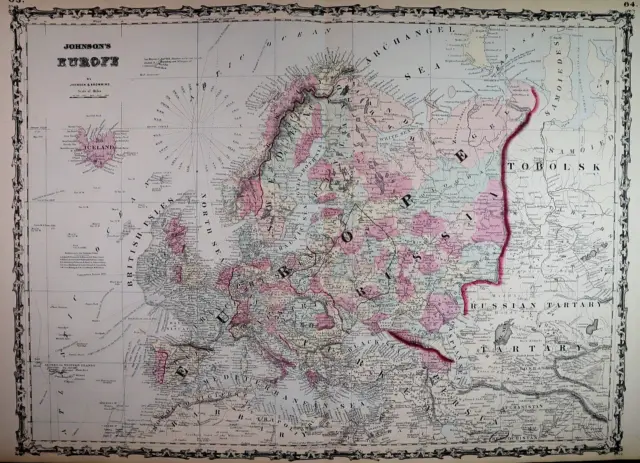 Antique 1862 Johnson Atlas Map ~ EUROPE ~ (XLG18x26) Free S&H -#1419