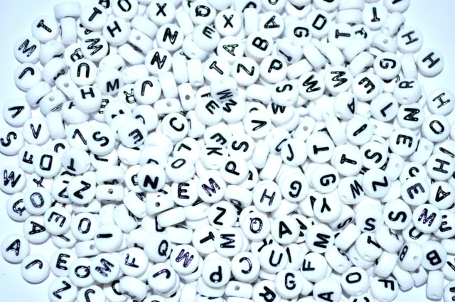 100 ALPHABET ACRYLIC BEADS WHITE 7mm FLAT ROUND SINGLE & MIXED LETTER A - Z