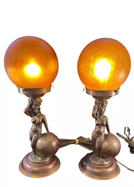 pair of vintage nude figural Art Deco boudoir lamps