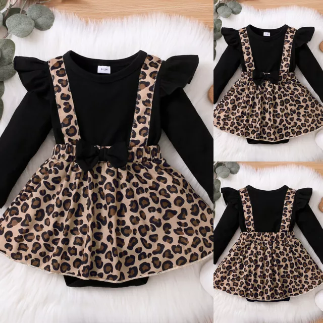 Baby Mädchen Rüsche Langarm Pullover Strampler Leopard Latzkleid Freizeit Outfit