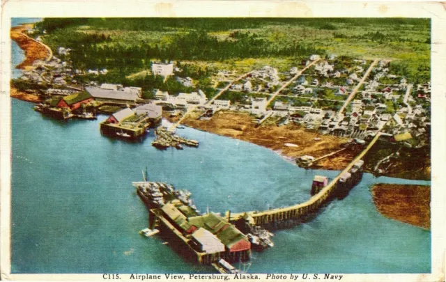 Airplane View, Petersburg, Alaska. US Navy Photo. Posted 1948. Linen Postcard