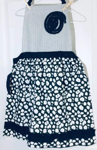 Envogue Apron Black White Blooms & Geometric Ruffles Sash Pin Up Retro